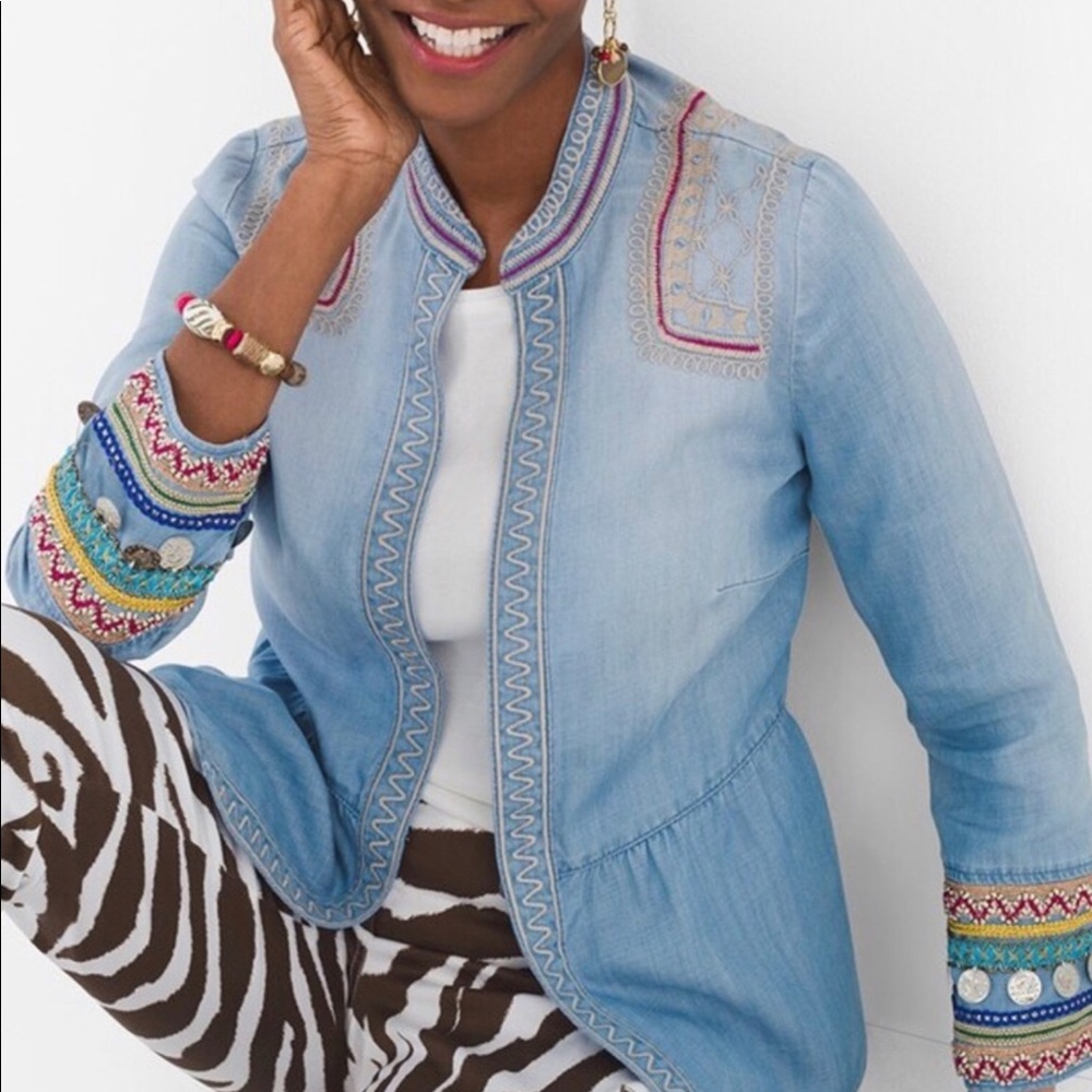 NWT $139 CHICO'S Coin embroidered Chabmray jacket 0 petite SP